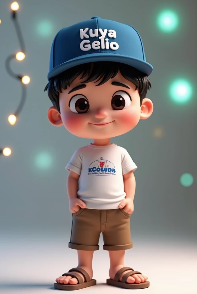 3D cartoon image of a boy with short black hair, narrowed eyes, wearing a white t-shirt with name Kuya_Gelio in front of his tshirt and brown short pants, wearing a blue  cap with "Kuya_Gelio in white letters, and brown sandals. His palms are inside his sh...