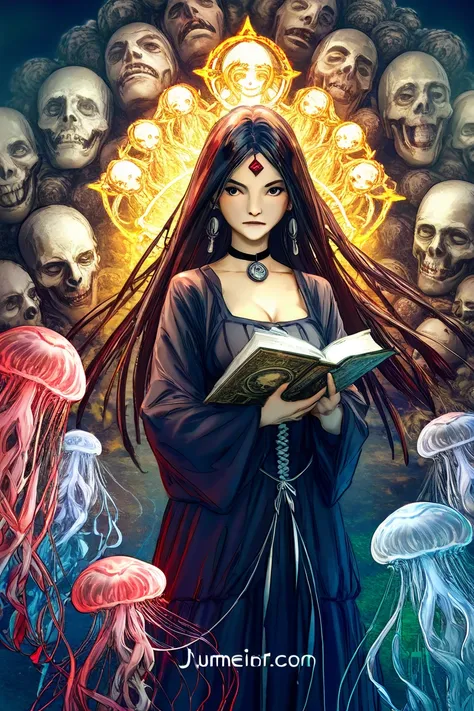 arafed image of a woman holding a book in front of skulls, a digital rendering by Yuumei, pixiv contest winner, gothic art, junji ito 4 k, junji ito artwork, gothic maiden shaman, ito junji art, detailed anime artwork, goddess of death, priestess, high pri...