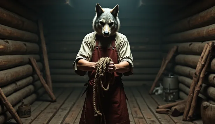  Create the image of a butcher wearing a butchers clothing and a wolf mask, bloody clothes, holding a large rope in her hands , within a setting of a log cabin 