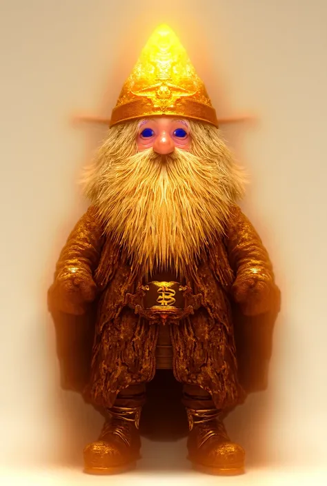 A lifelike full-body depiction of the dwarf wizard from the logo, showing the entire body from the hat to the feet. The wizard has glowing blue eyes and a metallic golden beard, with his facial skin shining in a radiant golden hue. He wears a golden hat ad...