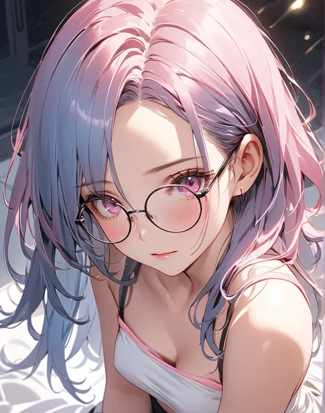 from above view, close face view, headshot view,  face details,semi realistic, 1 woman, mature body, pink eyes, wearing round glasses, small breast size, straight half body long hair, middle parted hair style, large forehead, yale blue colored hair, pink e...