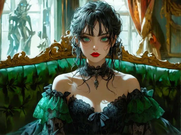  beautiful gothic lolita girl sitting alone on a green sofa , A Girl and a Gothic Knight, 緑色のソファに一人で座っている,  wearing black lace in a black dress,  surreal,  high res,  extremely detailed,  most detailed,  red lips, Baroque,  complicated,  cinematic lighting...