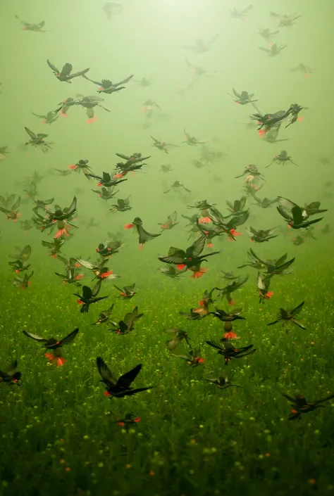 100 robin magpie flying over green chili field