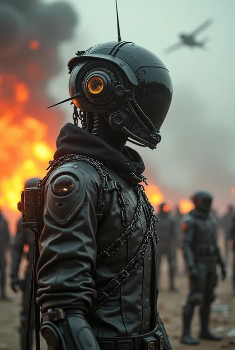 In a dystopian future ruled by AI, punk and gritty fashion rebels emerge, adorned with cages and chains, defiantly breaking free from the order. A gripping photograph captures the chaos of a dystopian battlefield, where AI robots and human soldiers collide...