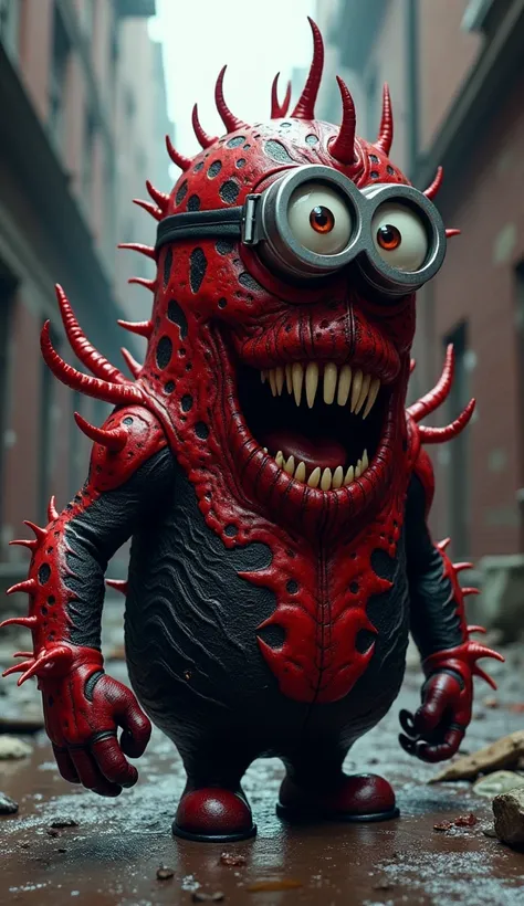 A medium shot of a Minion, retaining his classic cartoonish proportions but with a more muscular and menacing build, dressed in a detailed Carnage symbiote suit. The suit should feature the accurate red and black colors with a chaotic pattern of tendrils, ...