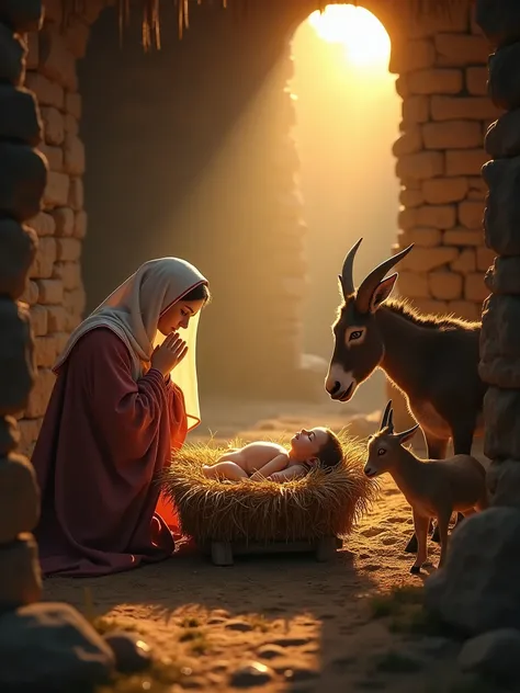 A soft sunrise illuminates the scene, bathing the rustic manger where the Christ  rests serenely. The Virgin Mary, with a gaze of love and reverence, watches the little Savior tenderly, her hands lovingly close to His face. A donkey and two goats, as if in...