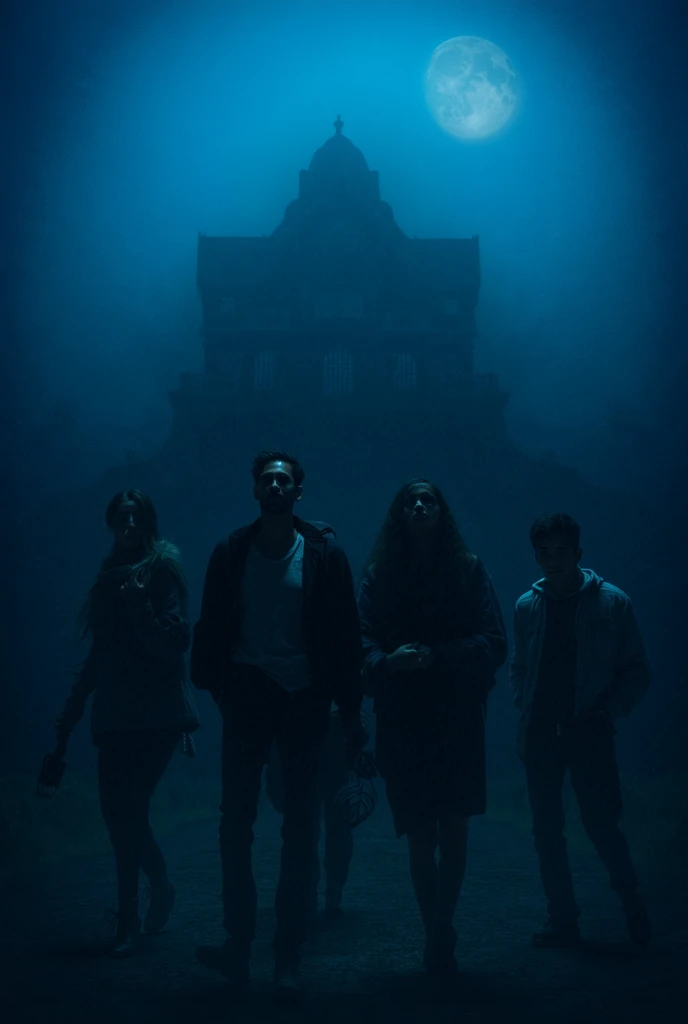 A group of four friends, including a confident young man named Aarav, standing outside the mansion. Aarav is leading the group with a flashlight in his hand, while the others look hesitant. The background shows the haunted mansion looming large and forebod...