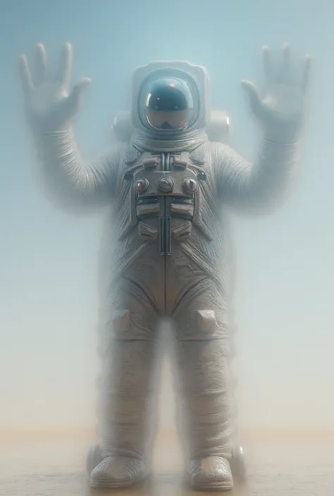 A 3d astronaut with raised hands pointing up looking straight ahead