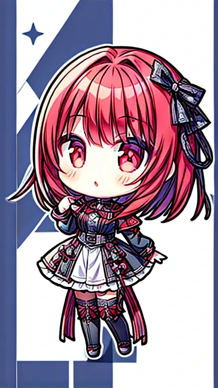  One Girl 、Red Hair、medium hair、 blue eyes、Slanted Eyes、 Gothic Lolita 、Goth military uniform、 short hair、Intersecting bangs、3 heads、The tips of the hair are fluffy