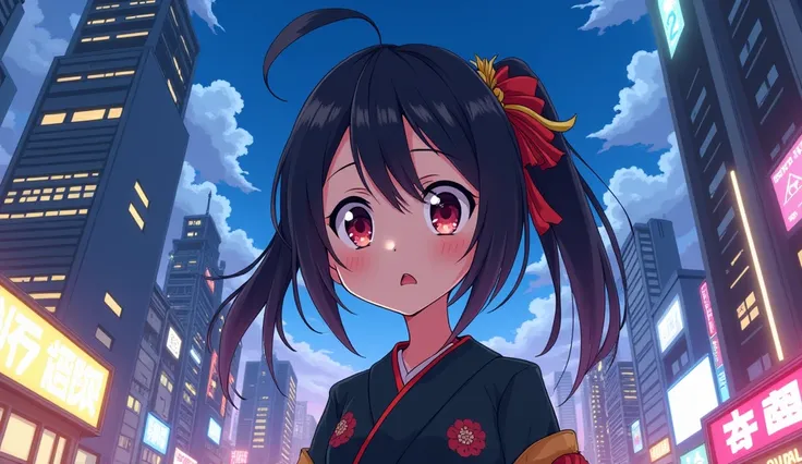  Create an anime-style cartoon of Kimetsu no Yaiba the character Shinobu Koko and a modern city in the background of the image, Shinobus reaction is one of amazement and confusion .