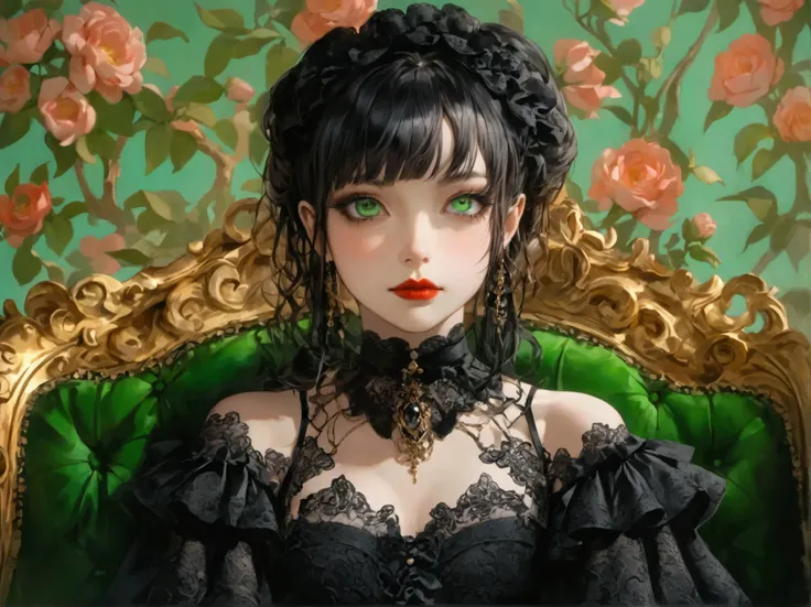  beautiful gothic lolita girl sitting alone on a green sofa , A Girl and a Gothic Knight, sitting alone on a green sofa,  wearing black lace in a black dress,  Surreal,  high res,  extremely detailed,  most detailed,  red lips, baroque,  complicated,  cine...