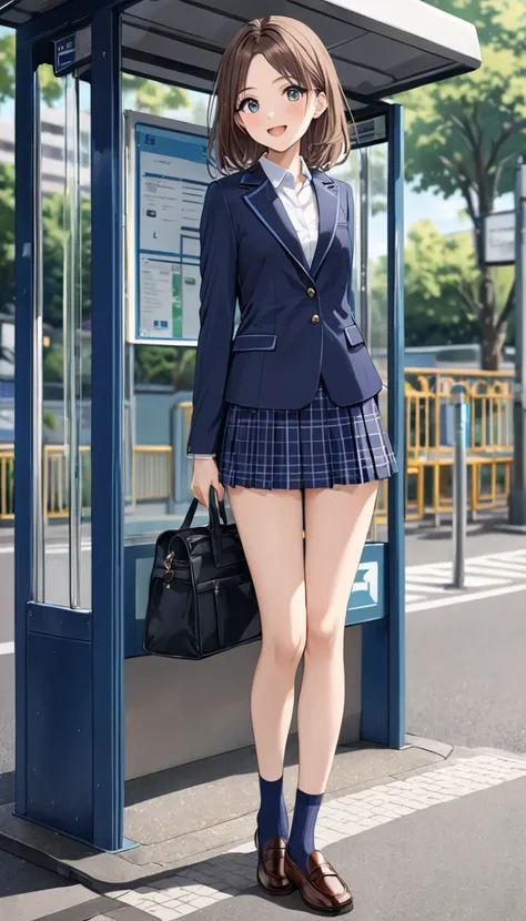 full body、 best quality, high image quality,masterpiece,  navy blue blazer , navy blue plaid pleated mini skirt, navy blue ankle socks,  loafers without pants、Alone,  beautiful adult woman with no pussy hair、Complex pupil, smile, open mouth, blush, ((small...