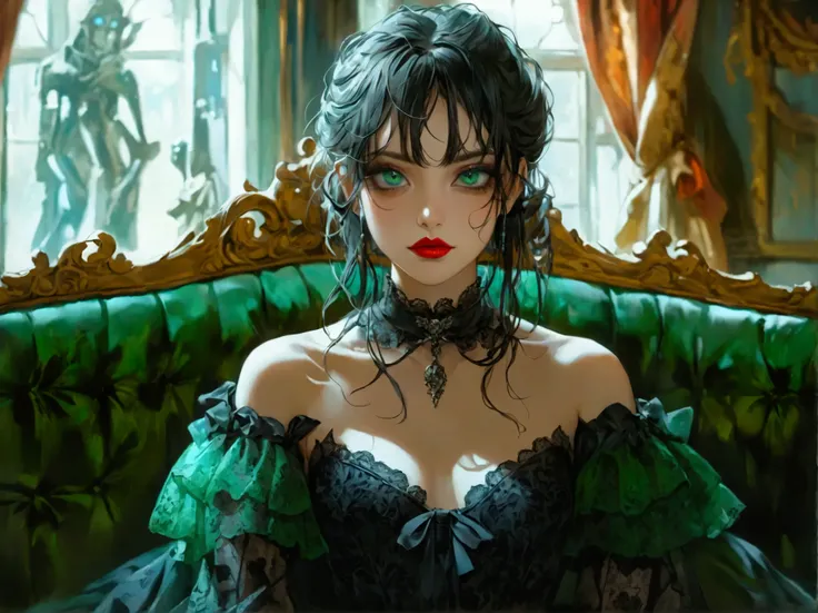  beautiful gothic lolita girl sitting alone on a green sofa , A Girl and a Gothic Knight, sitting alone on a green sofa,  wearing black lace in a black dress,  Surreal,  high res,  extremely detailed,  most detailed,  red lips, baroque,  complicated,  cine...