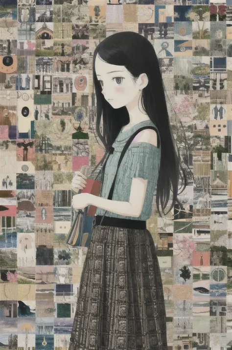 flat color,a girl standing in front of a collage of pictures,(girl and scorpio zodiac sign),collage artwork, nostalgic melancholic artwork, collage art, self photograph collage,Illustrations by Hisashi Eguchi, collage art background, a contemporary artisti...