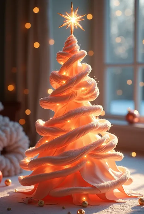 Original creative Christmas tree made of satin ribbon, festive background, soft light and shadow, cinematic light, atmosphere of magic and fairy tales