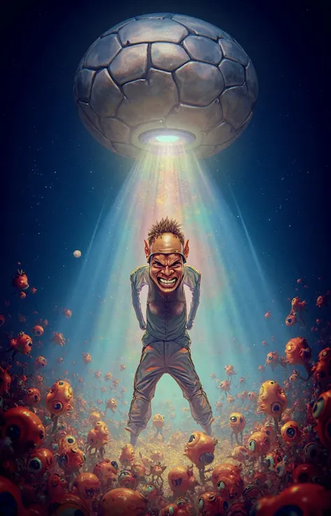 "In a distant galaxy, Neymar Jr., depicted in exaggerated caricature style, is being abducted by a beam of light coming from a giant soccer ball-shaped alien spacecraft. He wears a surprised expression and wears a stylish, spacesuit. All around, brightly c...