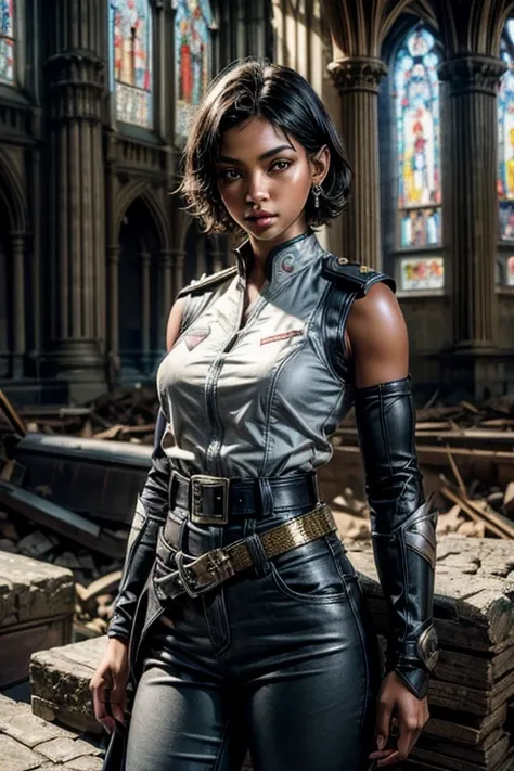 OliveHarper, 1girl, solo,l, short hair, black hair, jewelry, medium breasts, yellow eyes, earrings, detached sleeves, sleeveless, black belt, blue pants, dark skin, dark-skinned female, black belt, belt buckle, vambraces, standing with 1 blonde girl in mil...