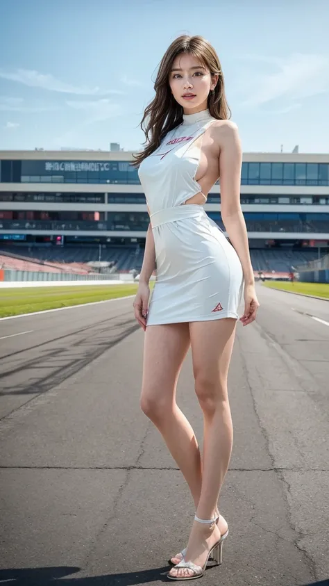 A beautiful Japanese woman, 20 years old, perfect anatomy, healthy thighs, beautiful legs, beautiful skin, random hair color, random hairstyle, large breasts, race queen, (race queen costume:1.3), zent, (she is standing:1.2), full body shot, high heels, ra...