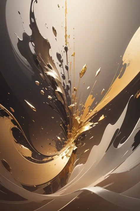 An abstract oil painting on canvas featuring a harmonious blend of gold, silver, and gray tones. The composition showcases a paint dripping technique with a subtle floral pattern, using light beige and dark amber hues to enhance the neutral color palette. ...