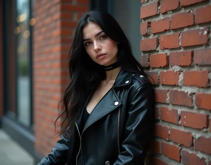 photo of nice woman 22 yo, long black hair, anorexic, small chest, woman in black leather jacket leaning against brick wall, by bike, leather, cyberpunk girl, black leather, dressed in biker leather, sexy girl, cyberpunk 2 0 y. o model girl, light smile, c...