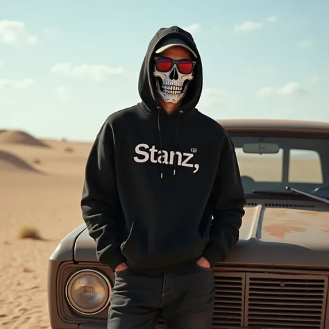 Young man in black cap hoody shirt, skull mask red eye , black jeans, standing in a sunsert beach coconut desert,that has herbs and cactus, with the word "Stanz"on the hoody. He is leaning against an old car. Hands in pocket