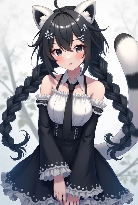 Anime Women Braided Hair Black White Hair With Panda Ears Black Eyes Padded In White Eyes With Leaf Shaped Hair Clips White Dress Black Sleeve Black Skirt Black Tie White Panda Tail Black Glasses