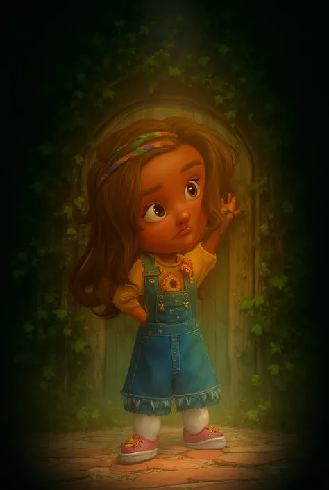 "Maya, long wavy brunette hair with a colorful headband, a round face with large curious eyes and a mischievous smile, wearing a vibrant yellow shirt with a sunflower design, bright blue denim overalls with little stars, and red sneakers with rainbow laces...