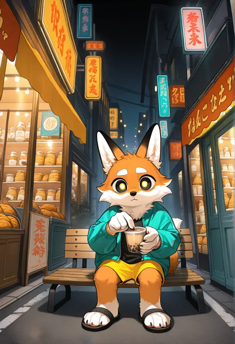  fox boy with white hair ， facial features in the right position ， has pupils and white eyes ， delicate blue-orange pupils， turquoise jacket ， yellow shorts ，Black sandals，Standing in the bustling night market， Strong contrast between light and dark， Many ...