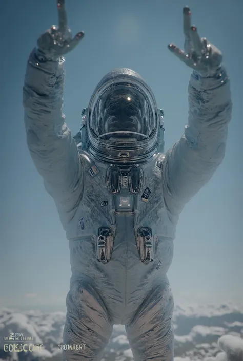 An astronaut who looks good in 3D with his arms raised and pointing up and who is looking straight ahead and who looks good the astronaut