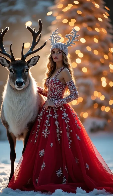 A glamorous woman dressed in an elaborate red gown with intricate silver embellishments and white fur trims, inspired by a festive theme. She wears a Santa-style hat adorned with elegant antlers, exuding confidence and elegance. Standing beside her is a ma...