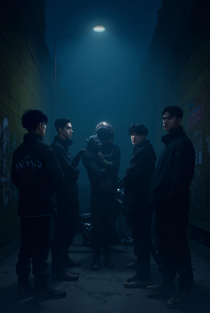 :
"An animated 4K scene featuring a group of teenagers standing under the dim light of a streetlamp in a gritty urban neighborhood at night. The group is dressed in black jackets with the word Ravens embroidered on the back. A motorcycle is parked in front...