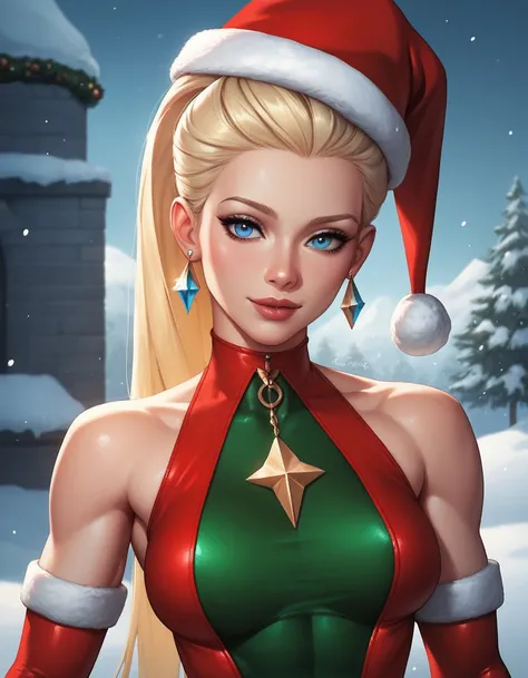 female sleeveless catsuit, bare shoulders, racerback, long gloves, toned arms, beautiful faces, blonde ponytail with showing forehead, long ponytail, earrings, soft smooth skin, pale skin, winter city background, blue eyes, sci-fi, high contrast, christmas...