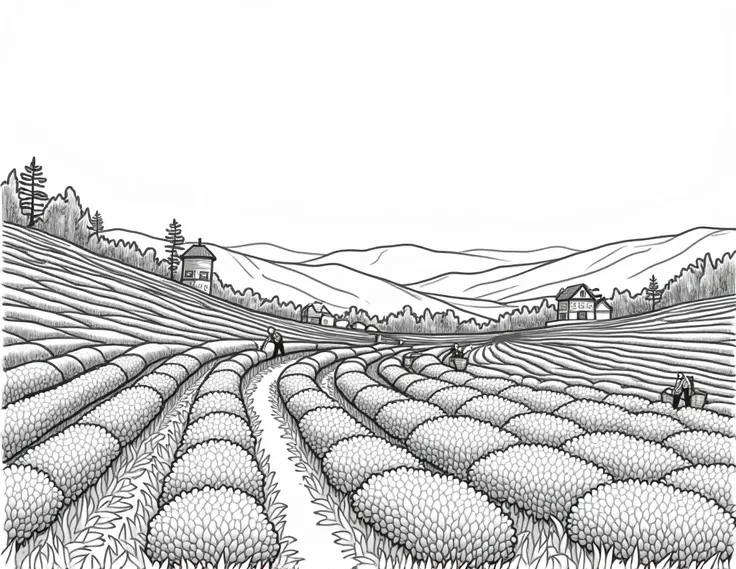 tea estate line art vector black and white