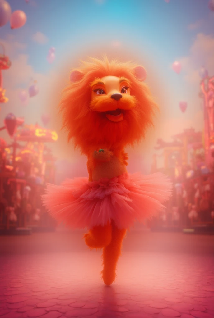 A young female lion dancing ballet in an amusement park, wearing a colorful ballerina skirt, in a 3D style inspired by Disney animations, with a dreamy atmosphere and a vibrant and cheerful color scheme, floating balloons, and glowing rides in the backgrou...