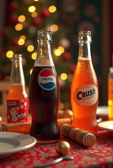 Generate an image of a Christmas table on Christmas Eve with a glass bottle of Pepsi soda from 1978 , , a glass bottle of crush soda from the same period and a glass bottle of grapefruit 12 soda from the same period.