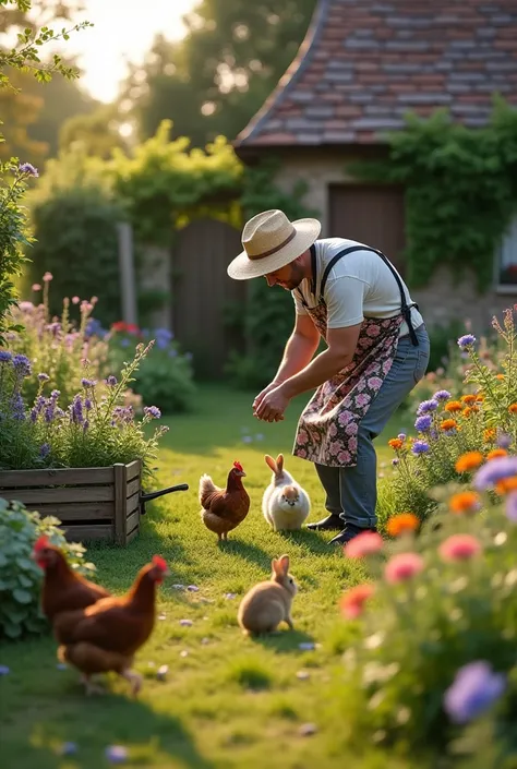 In the soft light of a late afternoon, a peaceful cottage garden comes to life with the quiet presence of chickens and a few fluffy rabbits. A man, their face obscured by the wide brim of a straw hat, bends down in the grass, scattering handfuls of grain f...