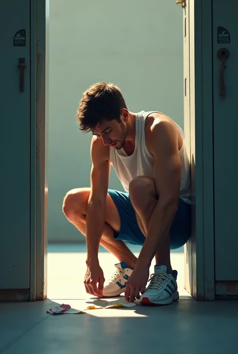 Dans un vestiaire, un jeune homme sportif en sueur, les bras levés et en baskets boueuses, piétine une serviette jetée sous ses pieds. Les pieds sur la serviette.