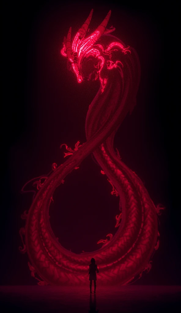 (anime style) black background with a mysterious half tail with bright red scales.