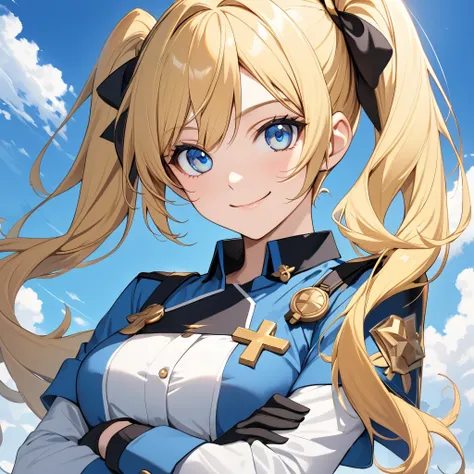 High resolution, high quality, hd, beautiful female, 1 female, pretty, beautiful, blonde hair, yellow hair, twintails, twintail hair, light blue eyes, sky blue eyes, smile, blue uniform, hero outfit, black gloves, cross arms, half body, medium breasts, loo...