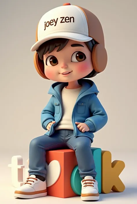 Create a 3d illustration of an animated character. Man character sitting casually on top of a social media logo “tiktok”. The character is  wearing a white brown bonnet with name "joey zen" written on front of it,  wearing blue jacket with white shirt insi...