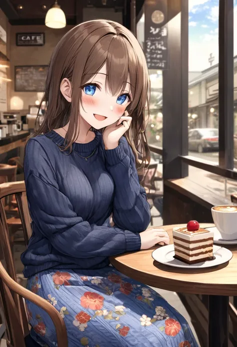  masterpiece,  top quality ,  very detailed, Fine texture,  adult beautiful woman、 Casual , dark blue (( sweater ))、 blue skirt,  Floral Skirt ,  Long Skirt ,  cowboy shot、 sitting in a mocha colored chair is a plate of coffee on the table, Cafe, Sitting o...