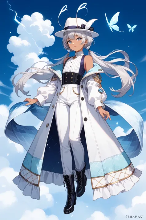 full body, femboy, fully clothed, An illustration, (masterpiece、最high quality、high quality), pure white background, Character design, Character sheet,  sleek fedora hat with a soft, fluffy brim that looks like its made of clouds. The hatband is adorned wit...