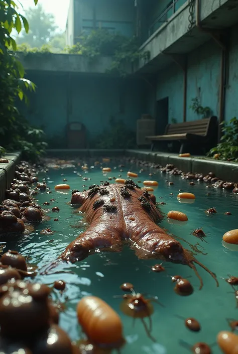 A photorealistic image of a swimming pool full of rotting meat. there are a huge amount of tiny worms and also flies 