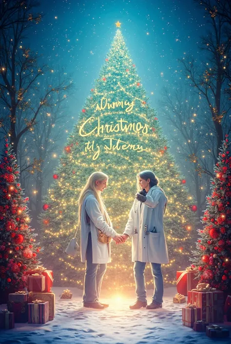  Create a highly detailed Christmas image with letters that say Merry Christmas, Add a well-detailed doctor and doctor in image 