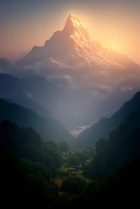 A breathtaking sunrise over a serene mountain range, the first rays of sunlight illuminating the peaks and casting a magical glow on the landscape below.