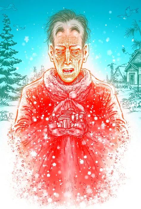  An image of David Tennat wearing a Santa Claus jacket with gifts in his hand and comic drawing style, not realistic, against a background of a Christmas landscape 