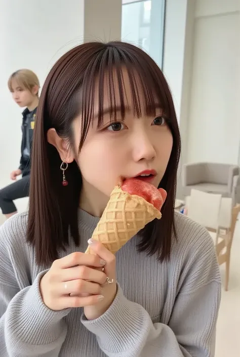  1 girl, Alone,  open your mouth, Brown Hair,  shirt,  black hair,  holding, gem,  earrings for women with first name, Food, indoor,  check pattern ,  eats,  holding Food,  realistic ,  ice cream ,  ice cream  cone
huge breast, nsfw,  sexy
