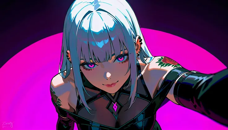  Anime Girl Images  :1.4,  Woman with Tattoos on Her Face and Body  ,  Bangs reaching her eyebrows   ,   Im squinting and looking at the camera  ,  There are a few   ,   has a head tilted slightly upwards   ,  has several piercings   ; 1,3 ,  wearing black...