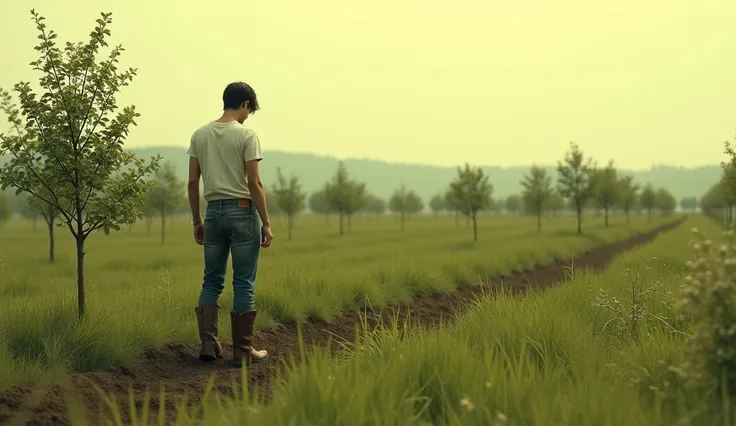 an extraordinary masterpiece, in a vast meadow with a sad green color, in the afternoon, with a yellowish sky, Seen from a distance, a 25 year old young man wearing a worn white t-shirt and jeans complete with boots is planting orchard apples spacious with...