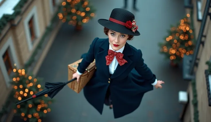 Create a realistic image of Emily Blunt as Mary Poppins. Descends like a parachute on an open umbrella over London. Top view of the camera. Her body can be seen floating smoothly in the air. Dressed in a custom-made dark blue suit with a fitted silhouette ...